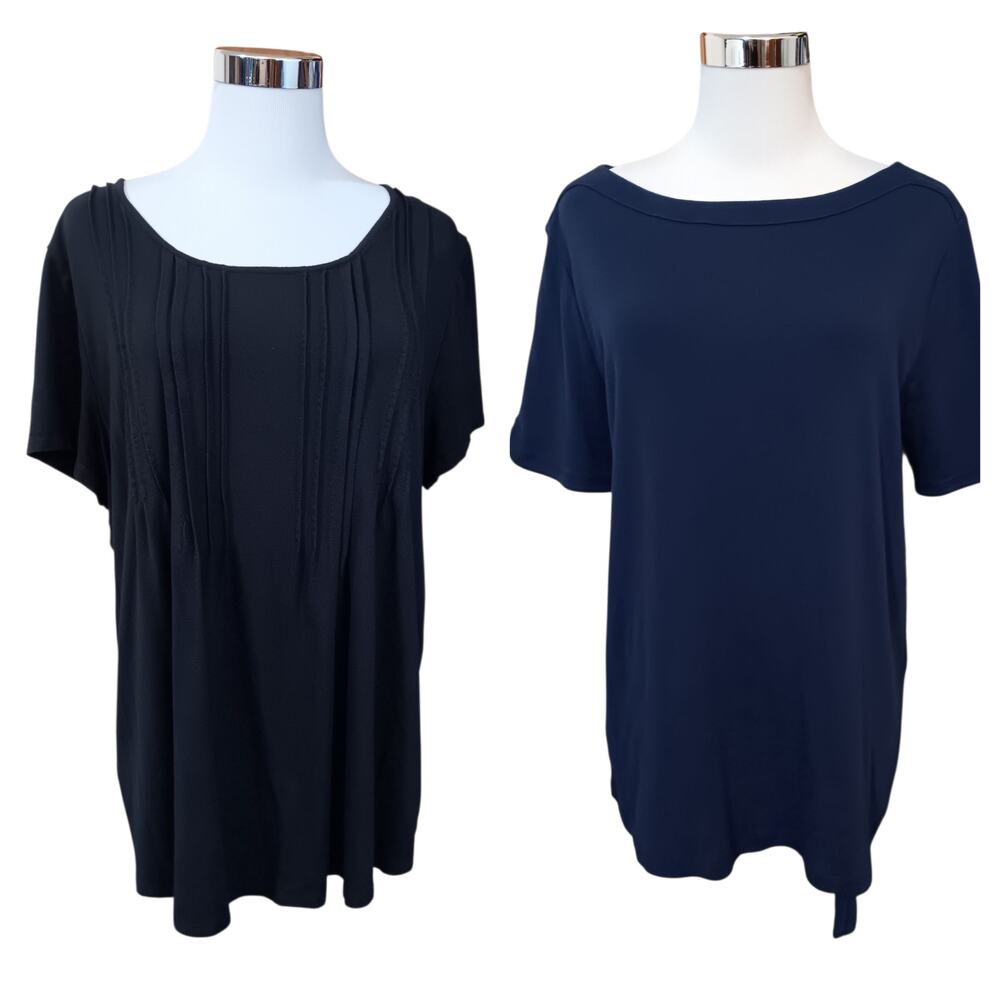 CHICO'S 2 Lot of 2 Soft Knit Tops Large Pullover Comfort Black Blue Casual Basic